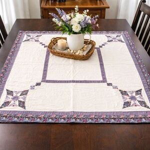VTG Handmade Patchwork Star Quilt Table Topper Cream Lavender 34X34 Cottagecore